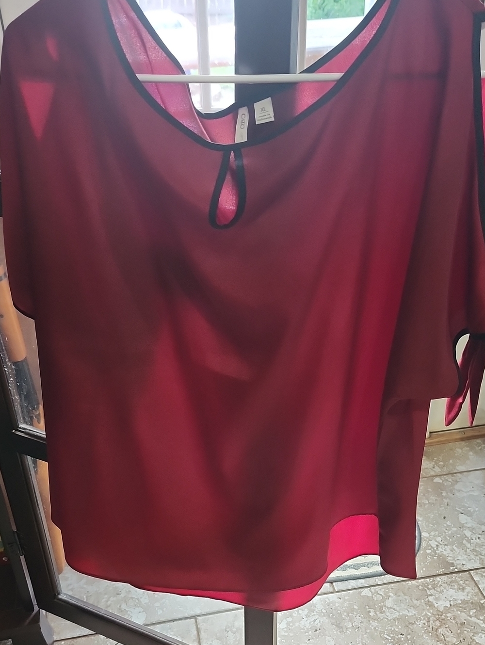 Sheer Burgundy Blouse with Keyhole and Black Trim - Brand: Cold Shoulder